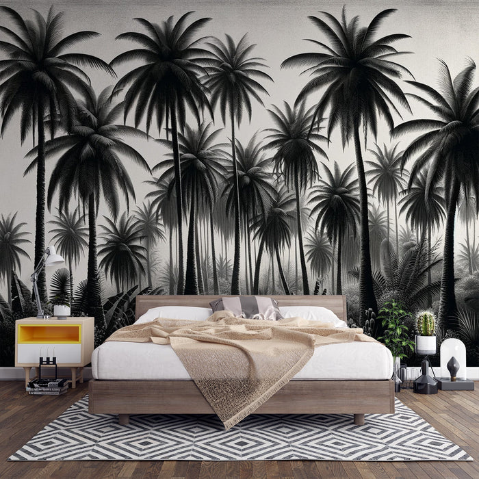 Black and White Jungle Mural Wallpaper | Sand and Palm Trees