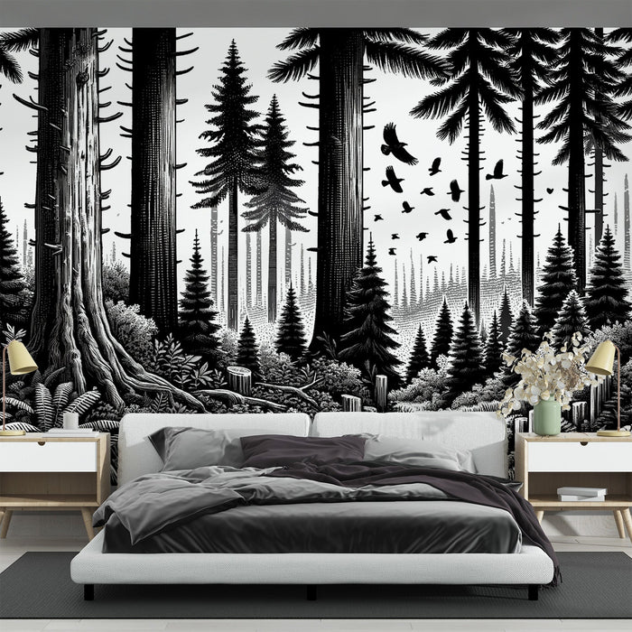 Black and White Jungle Mural Wallpaper | Fir Trees and Birds