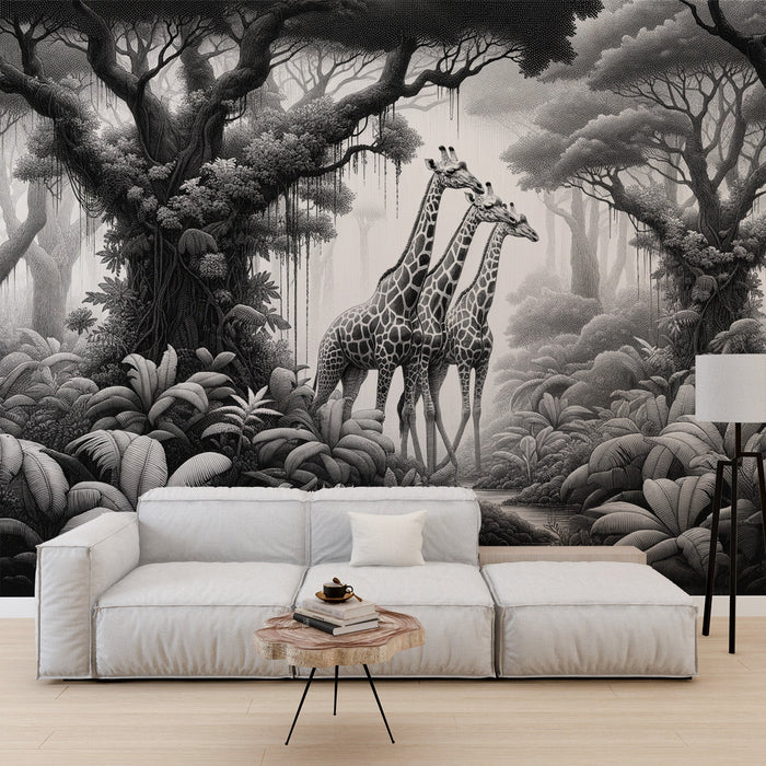 Black and White Jungle Mural Wallpaper | Three Giraffes