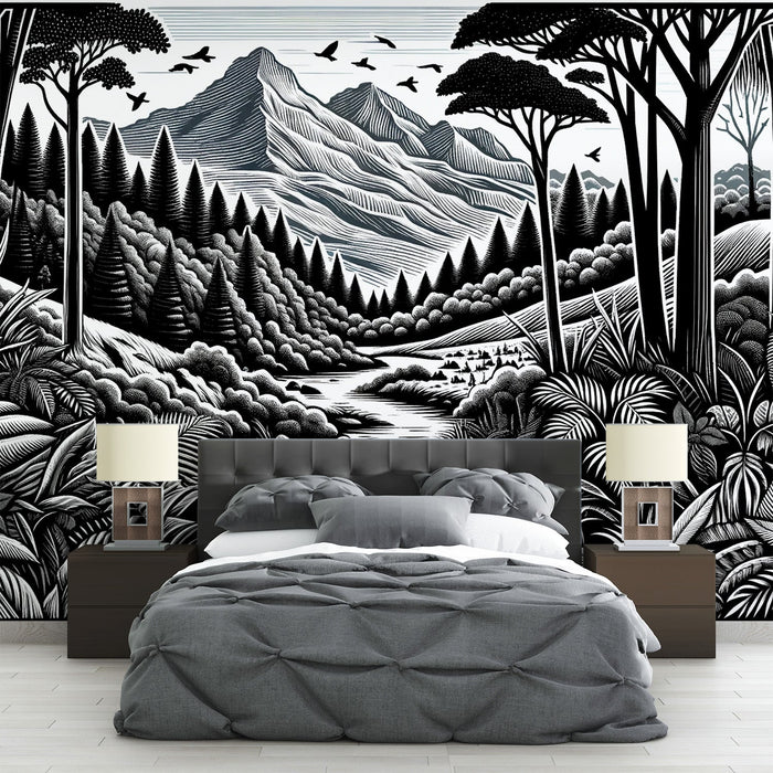 Black and White Jungle Mural Wallpaper | Vegetation and Mountainous Relief
