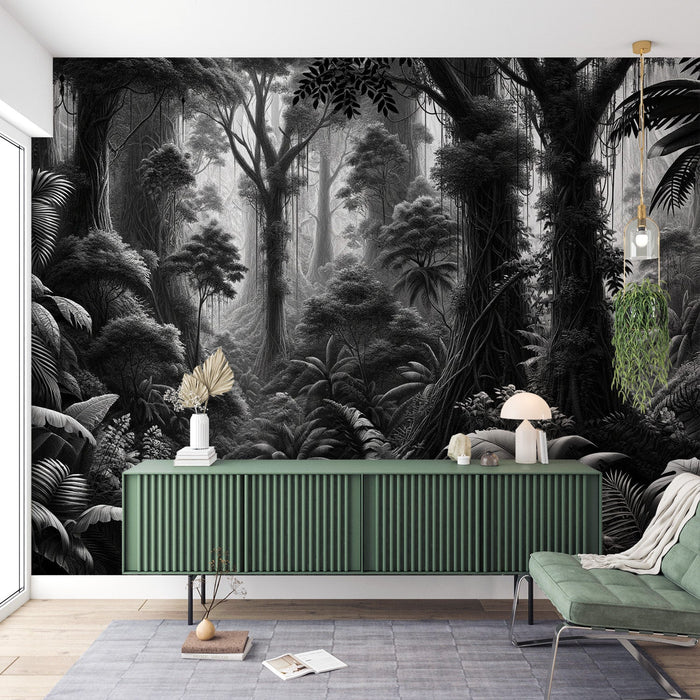 Black and White Jungle Mural Wallpaper | Massive Vegetation