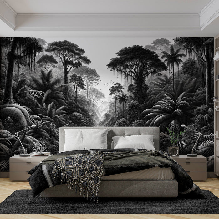 Black and White Jungle Mural Wallpaper | Massive Vegetation with Birds