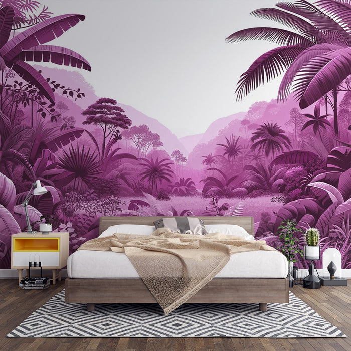 Pink Jungle Mural Wallpaper | Palm Trees, Foliage, and Mountains