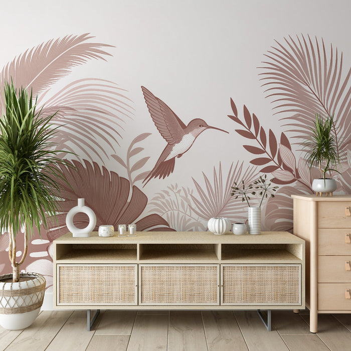 Terracotta Pink Jungle Mural Wallpaper | Vintage Hummingbirds and Foliage