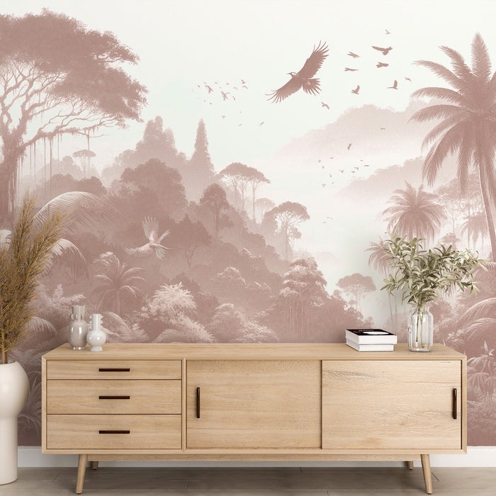 Terracotta Pink Jungle Mural Wallpaper | Foliage and Birds