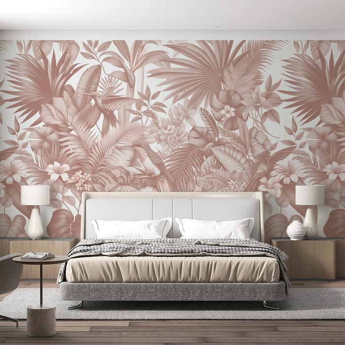 Terracotta Pink Jungle Mural Wallpaper | Lush Foliage and Hummingbirds