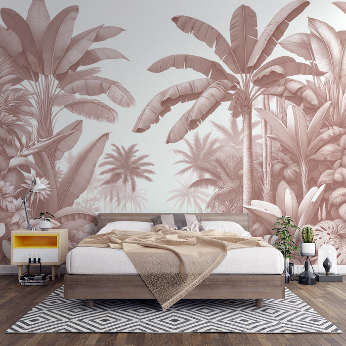 Terracotta Pink Jungle Mural Wallpaper | White Background with Palm Trees and Banana Trees