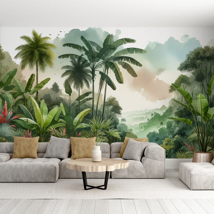 Tropical Jungle Mural Wallpaper | Green Watercolor of a Massive Jungle