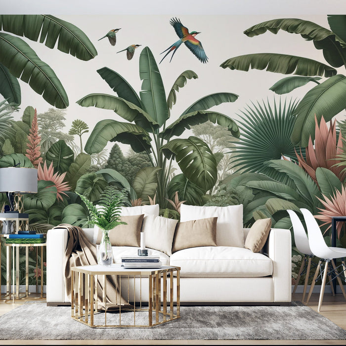 Tropical Jungle Mural Wallpaper | Green Banana Trees and Birds