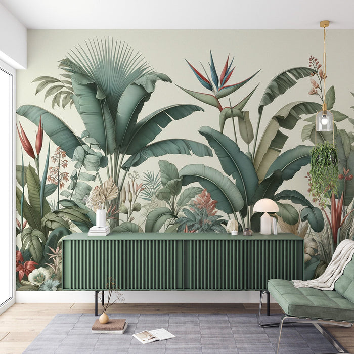 Tropical Jungle Mural Wallpaper | Green and Blue Floral Composition