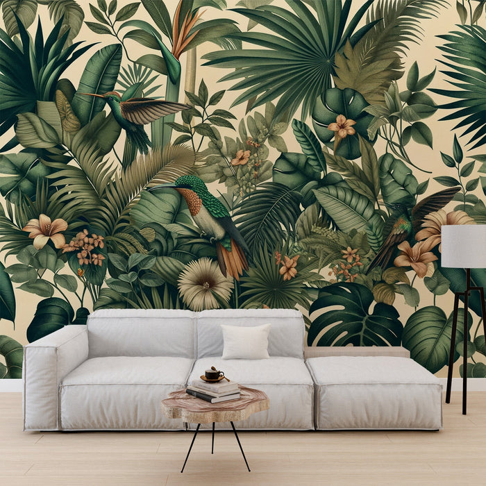 Tropical Jungle Mural Wallpaper | Lush Foliage and Hummingbirds