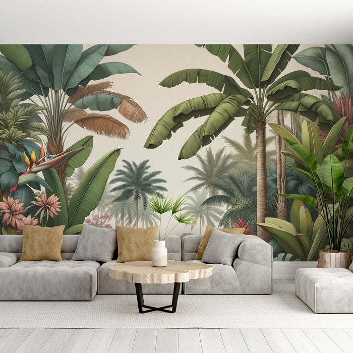 Tropical Jungle Mural Wallpaper | Beige Background with Palm Trees and Banana Trees