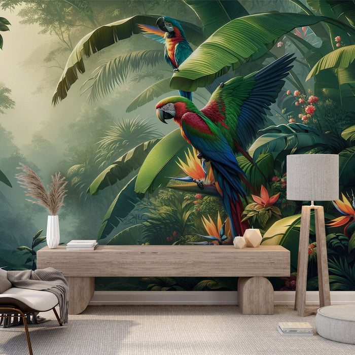 Tropical Jungle Mural Wallpaper | Colorful Parrots and Green Foliage