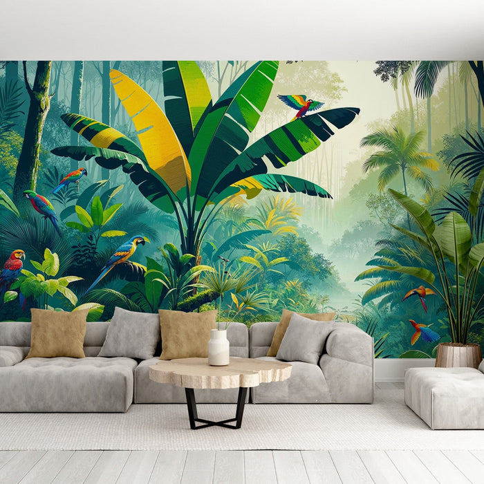 Tropical Jungle Mural Wallpaper | Imaginary Parrots, Green and Yellow Foliage