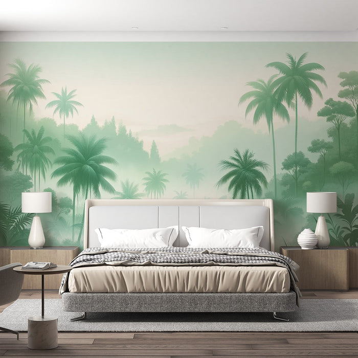 Tropical Jungle Mural Wallpaper | Green Palm Valley and Mist