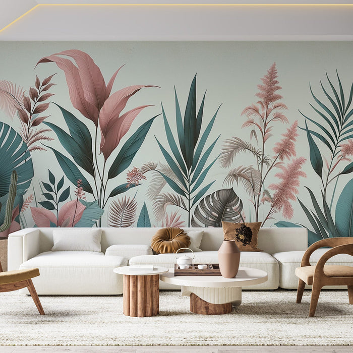 Trooppinen viidakon seinätapetti | Merenvihreä ja vaaleanpunainen
