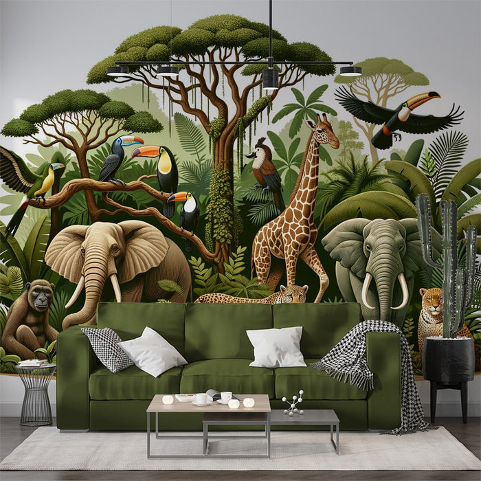 Tropical Jungle Mural Wallpaper | Giraffe, Toucans, and Elephants