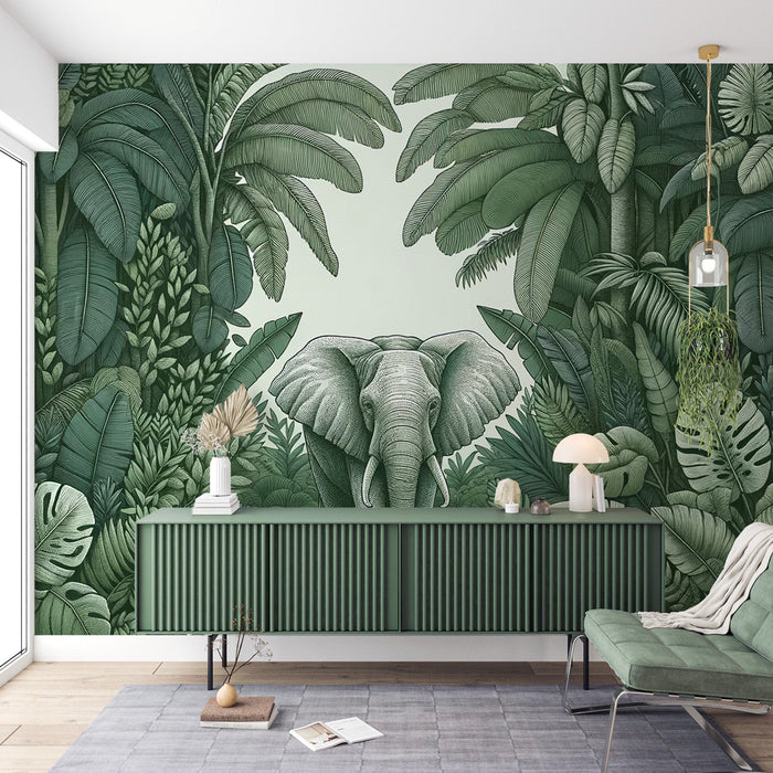 Green Jungle Mural Wallpaper | Elephant in the midst of foliage