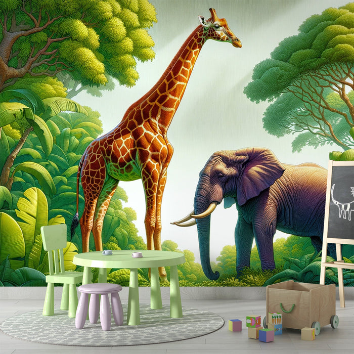 Green Jungle Mural Wallpaper | Giraffe and Elephant Face to Face