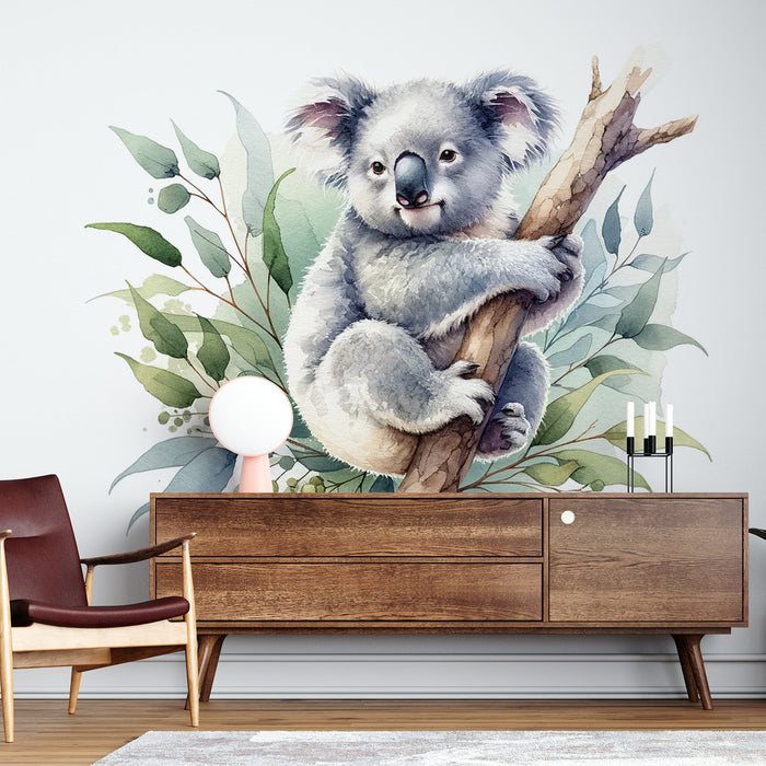 Koala Mural Wallpaper | Hanging on a Branch in Watercolor