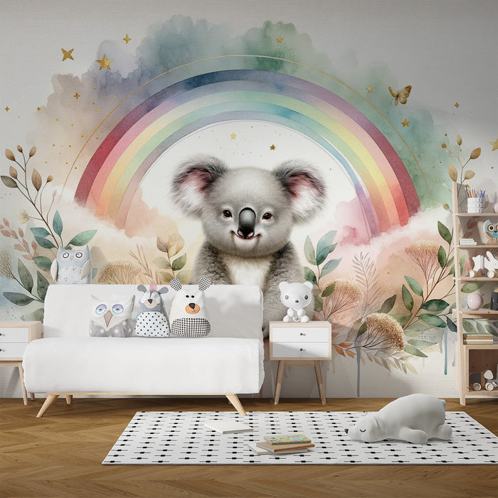 Koala Mural Wallpaper | Rainbow Watercolor with Koala Sitting