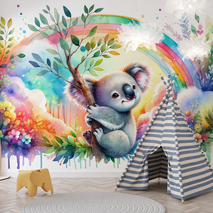 Koala Mural Wallpaper | Multicolored Rainbow Watercolor and Foliage