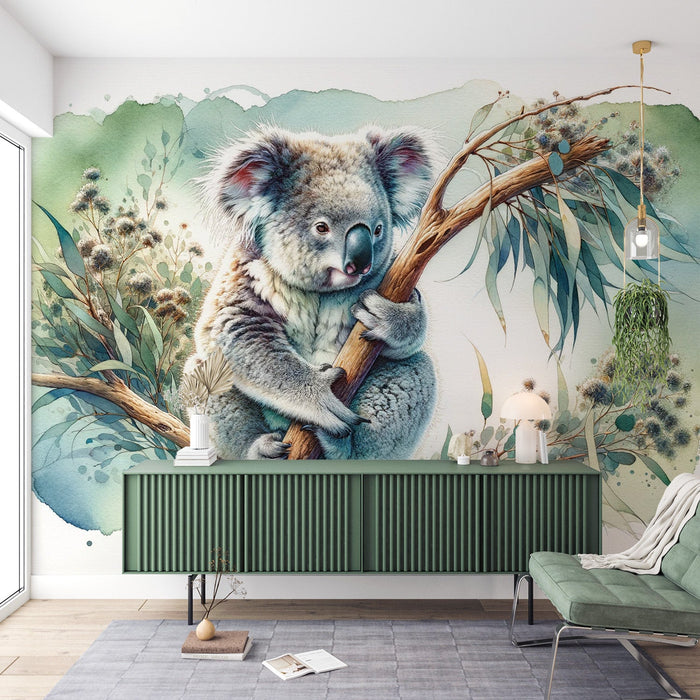 Koala Mural Wallpaper | Green Nature Watercolor