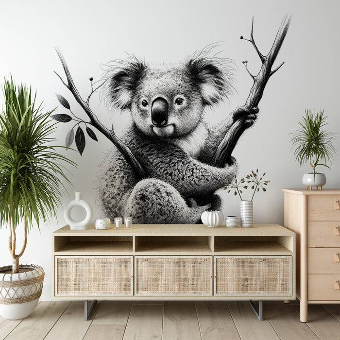 Koala Mural Wallpaper | Realistic Black and White Drawing