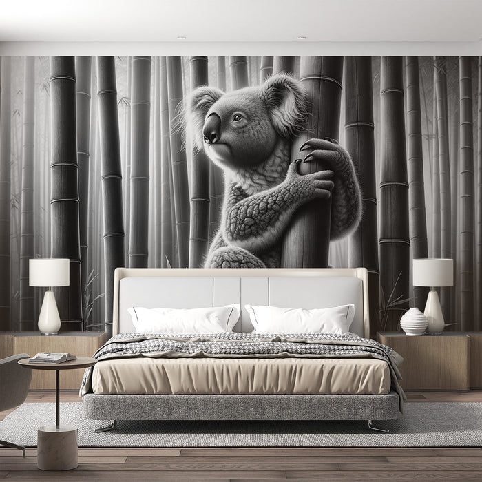 Koala Mural Wallpaper | Realistic Black and White in its Bamboo Forest