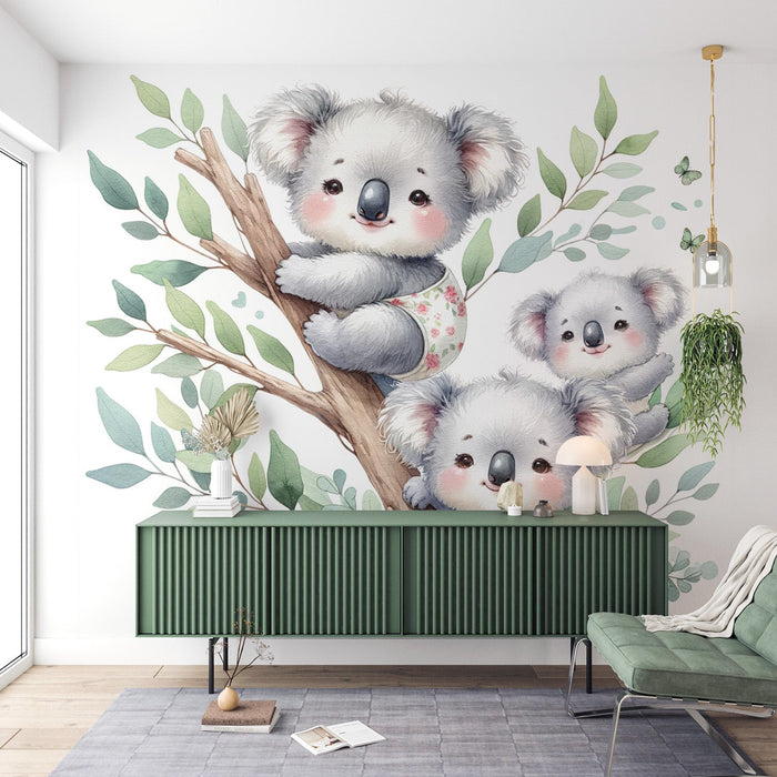 Baby Koala Mural Wallpaper | Watercolor of Little Koala on Their Branch