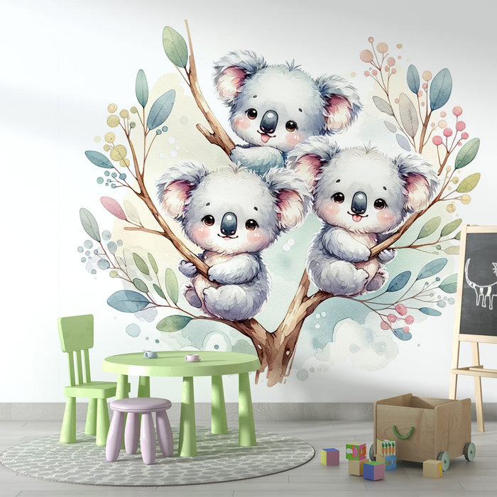 Baby Koala Mural Wallpaper | Watercolor of Three Cute Baby Koalas