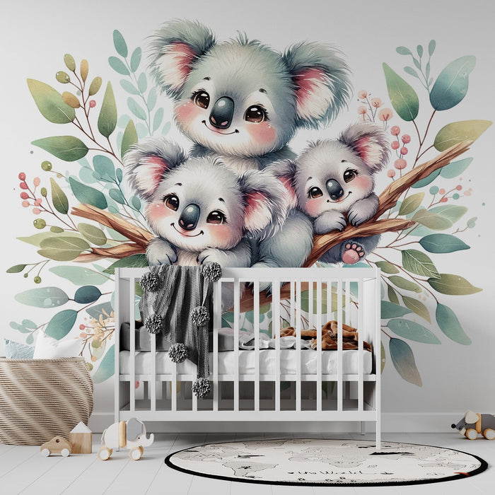 Baby Koala Mural Wallpaper | Cute Koala Family and Foliage