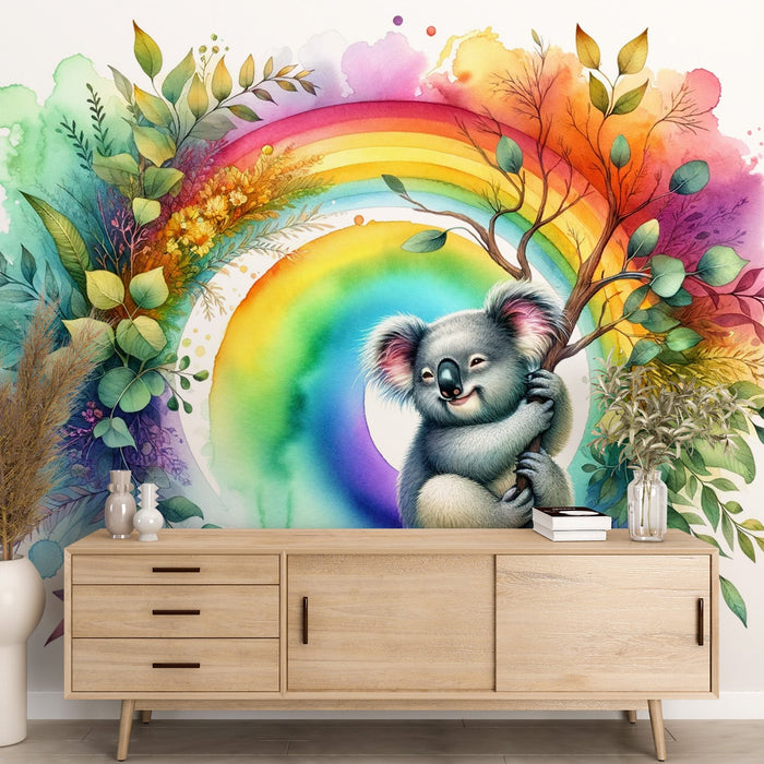 Child koala Mural Wallpaper | Multicolored watercolor with rainbow