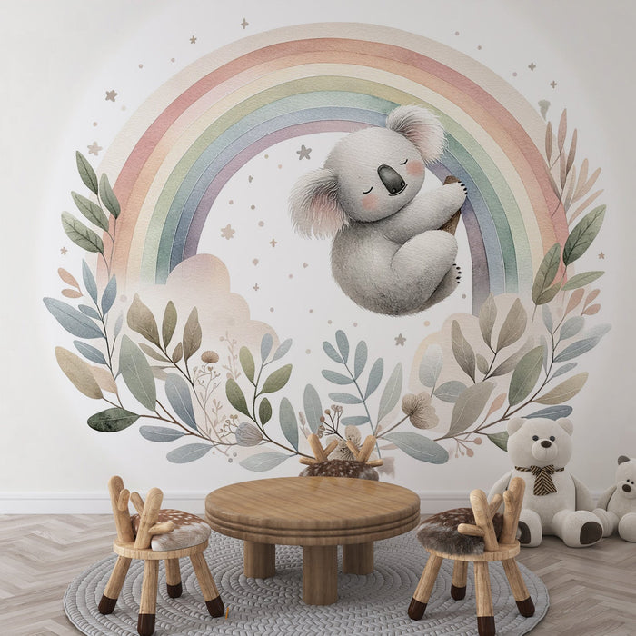 Child koala Mural Wallpaper | Pastel watercolor rainbow