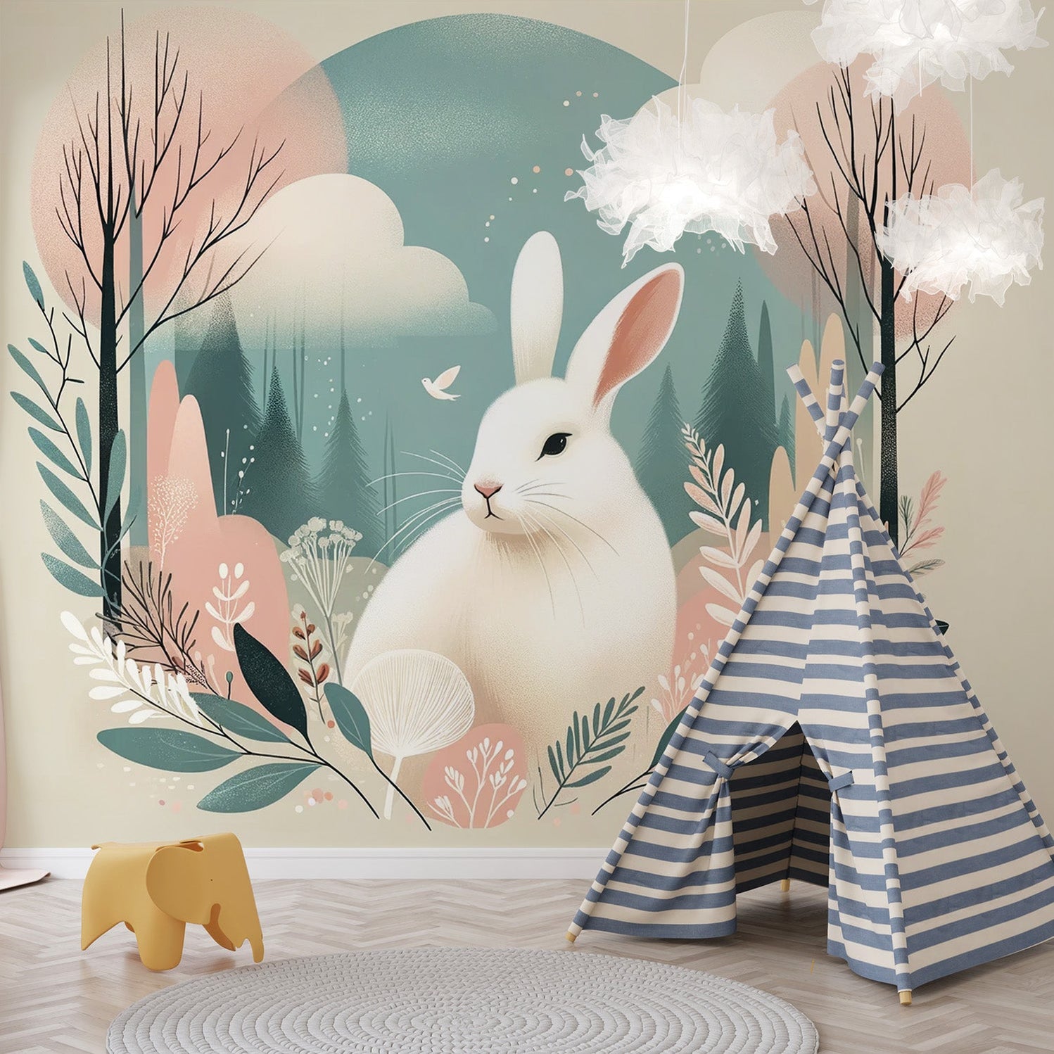 Rabbit Mural Wallpaper | Soft and Soothing Colors — WonderMural