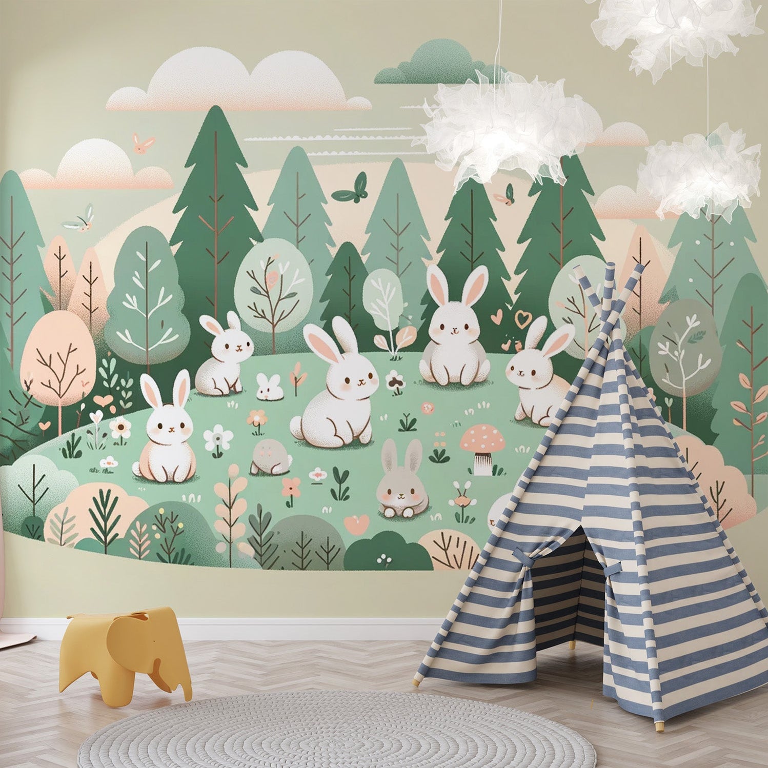 Rabbit Mural Wallpaper | Spruce Forest with Group of Rabbits — WonderMural