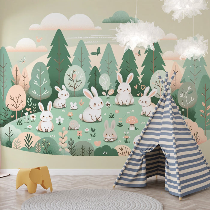 Rabbit Mural Wallpaper | Spruce Forest with Group of Rabbits