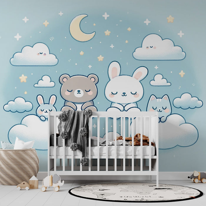 Rabbit Mural Wallpaper | Clouds and Crescent Moon