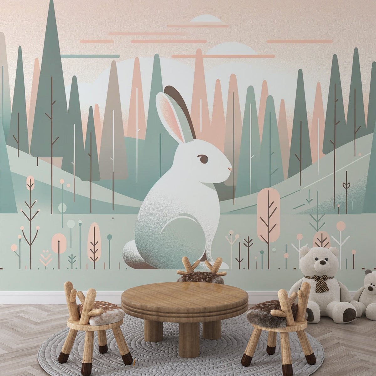 Rabbit Mural Wallpaper | Profile in a Geometric Forest — WonderMural