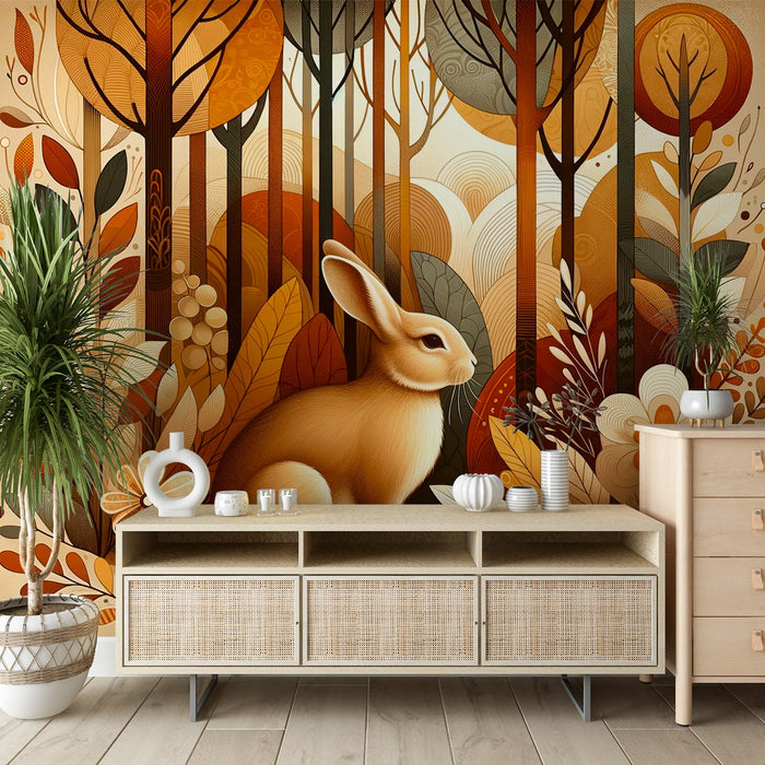 Rabbit Mural Wallpaper | Orange Tones and Vintage Style