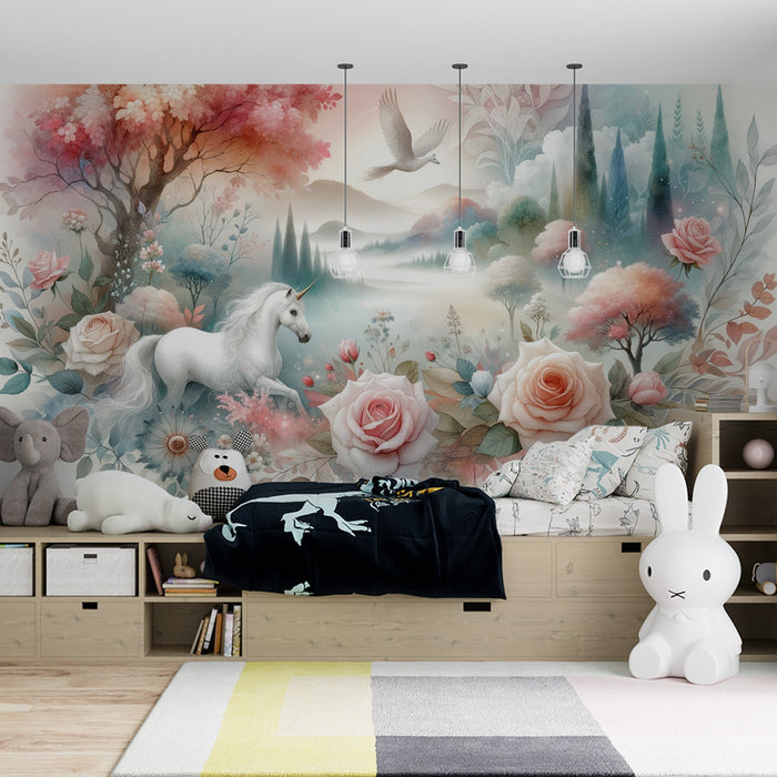 Papel de parede com mural de unicórnio | Animais imaginários com composições florais de rosa