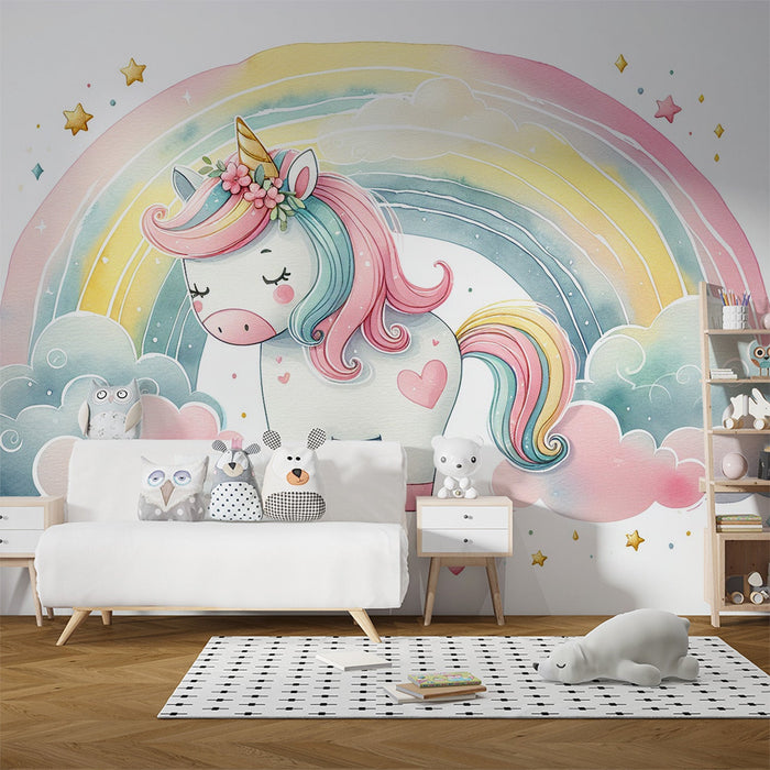 Unicorn Mural Wallpaper | Cute Watercolor and Rainbow Unicorn
