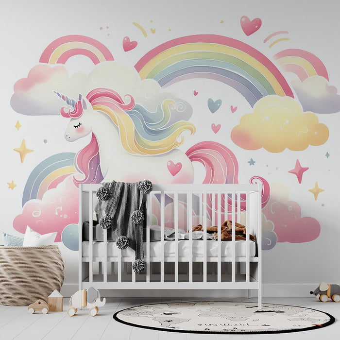 Unicorn Mural Wallpaper | Rainbow, Clouds, Hearts, and Little Unicorn