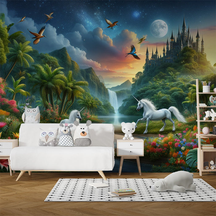 Unicorn Mural Wallpaper | Castle, Waterfall, and Unicorn in the Tropics