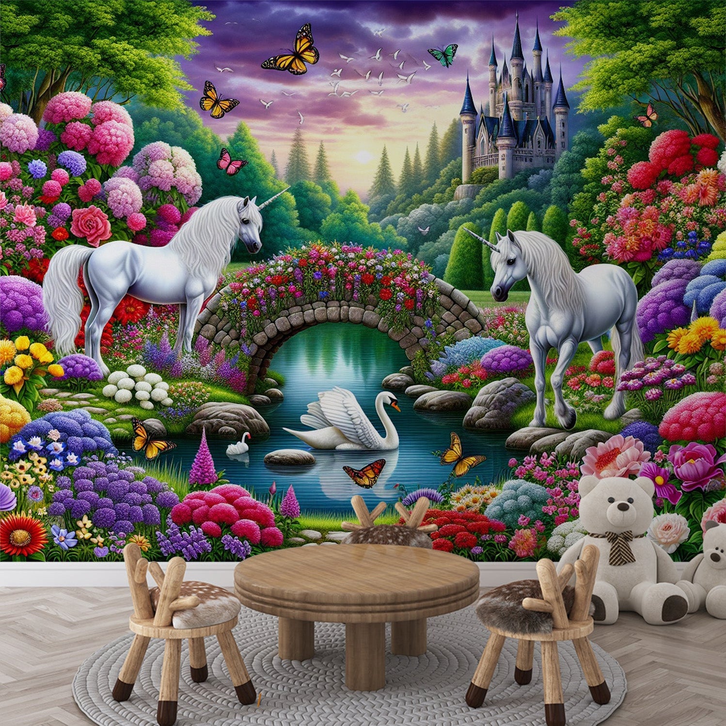 Unicorn Mural Wallpaper | Castle, Swan, and Colorful Flowers — WonderMural