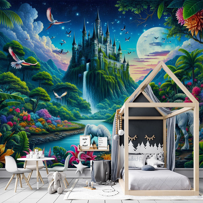 Unicorn Mural Wallpaper | Castle in the Colorful and Flowered Mountain
