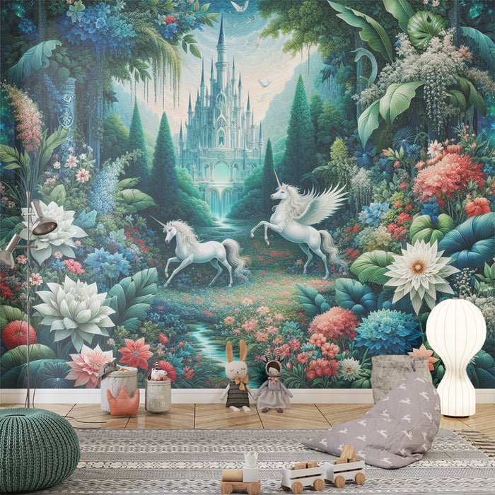 Unicorn Mural Wallpaper | Castle in a Tropical Forest with Unicorn Duo