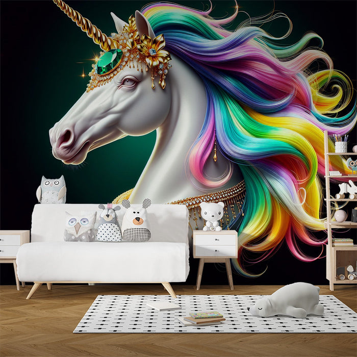 Unicorn Mural Wallpaper | Rainbow Mane and Golden Jewels