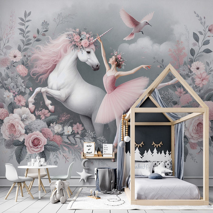 Unicorn Mural Wallpaper | Dancer and Unicorn in Pink Flowers