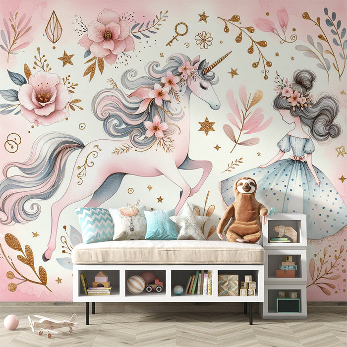 Unicorn Mural Wallpaper | Dancer and Unicorn in a Pink and Gold Setting